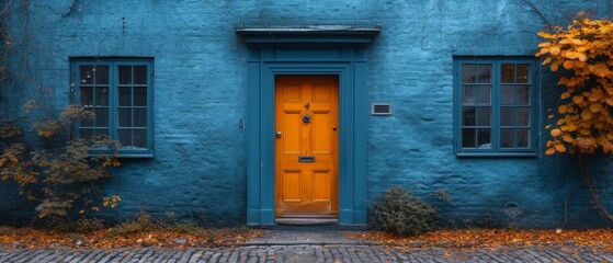 Naklejka premium a yellow door sits in front of a blue building with two windows and a brick walkway in front of it.