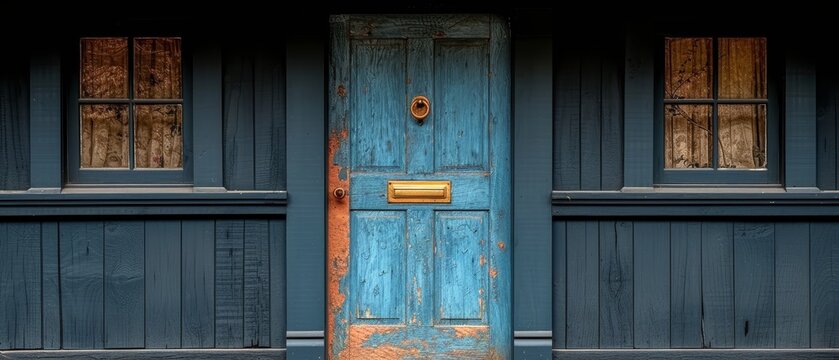 a close up of a blue door with a yellow handle on the side of a blue building with two windows.