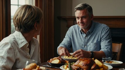 Family sitting down to eat dinner