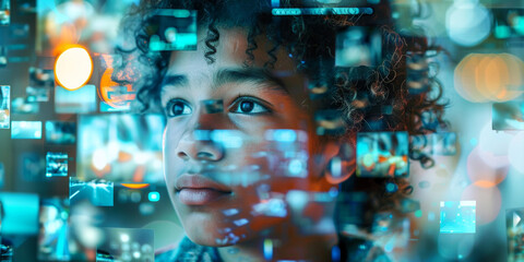 giovane davanti a schermo azzurro che riflette sul suo viso come un Collage digitale ad alta fedeltà con un ritratto umano che si fonde perfettamente con elementi tecnologici e astratti 