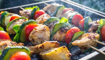 delicious grilled chicken meat shish kebob or kabob with vegetables on barbecue grill with smoke and flames. popular outdoor summer activity for friends and family