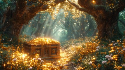a golden chest sitting in the middle of a forest filled with lots of trees and yellow flowers on the ground.