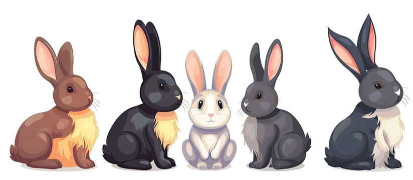 A group of rabbits of different colors, with long ears and twitching noses, are sitting together on a white background. These terrestrial animals look happy and content as they enjoy the grassy event
