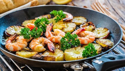 delicious grilled shrimp meat with vegetables and pineapple on barbecue grill with smoke and flames. popular outdoor summer activity for friends and family