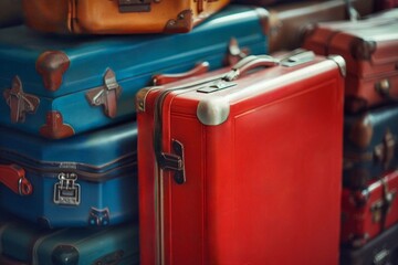 Red and blue suitcases in a store. Travel concept. Retro style toned. Suitcases in the airport 