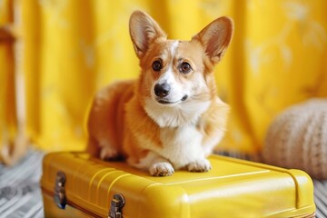 Fototapeta premium Cute welsh corgi pembroke dog sits on a yellow suitcase