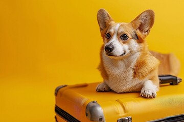 Fototapeta premium Welsh Corgi Pembroke dog is sitting on a suitcase on a yellow background