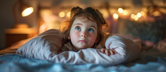 Young child resting comfortably on a bed, peacefully lying down with her head on a soft pillow - obrazy, fototapety, plakaty