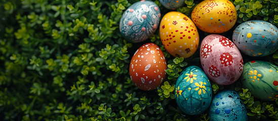 Fototapeta na wymiar Easter eggs and spring grass, Easter banner, Easter template, spring background 