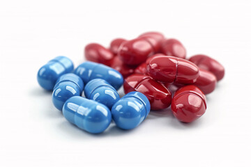 Heap of blue and red capsules on white