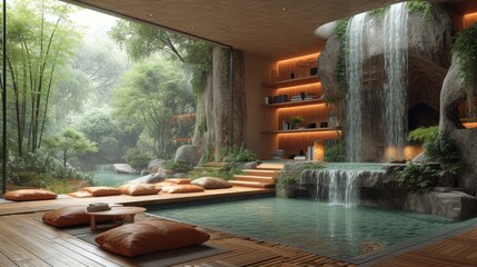 a room that has a waterfall in the middle of it and a lot of pillows on the floor in front of it. - obrazy, fototapety, plakaty