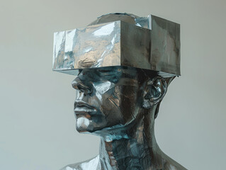 Primo piano di un uomo che indossa un copricapo 3d olografico d'argento amorfo, creando un effetto moderno e surreale