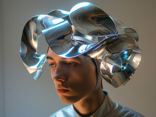 Primo piano di un uomo che indossa un copricapo 3d olografico d'argento amorfo, creando un effetto...