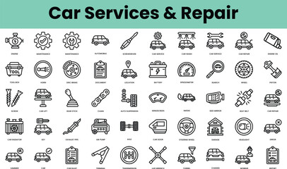 Set of car services and repair icons. Linear style icon bundle. Vector Illustration