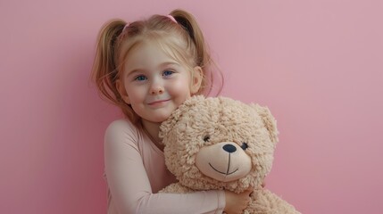 Little girl hugging stuffed toy on pastel pink background