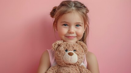 Little girl hugging stuffed toy on pastel pink background
