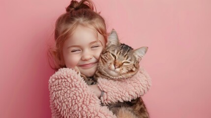 Little girl hugging your little cat on pastel pink background