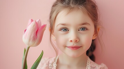 Little girl with a pink tulip flower on pastel pink background