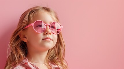Fototapeta premium Little girl with sunglasses on pastel pink background