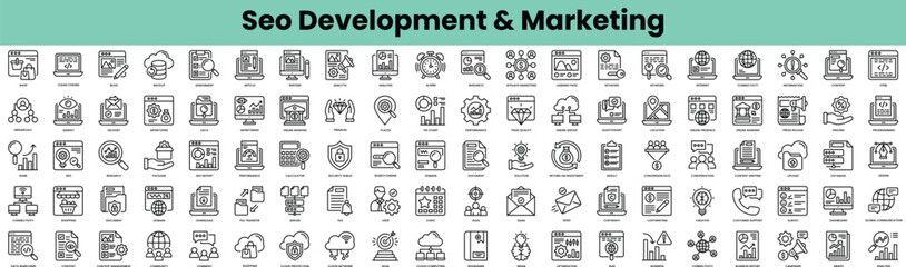 Set of seo development and marketing icons. Linear style icon bundle. Vector Illustration