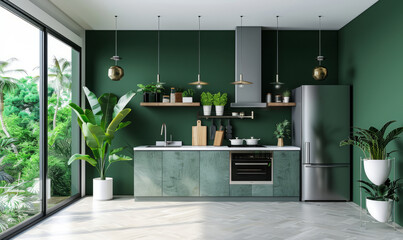 Cozy modern kitchen room interior design with dark green wall - obrazy, fototapety, plakaty