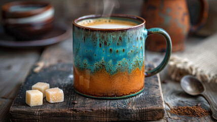 A steaming coffee mug on a rustic table.