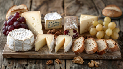 Assorted cheeses with bread and nuts on board
