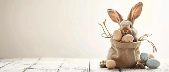 Easter bunny with a white linen bag full of eggs on a light wooden background, in the style of an Easter concept banner for advertising and sales. Copy space for text and decoration. Easter background