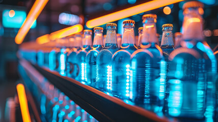 A row of bottles under neon lights.