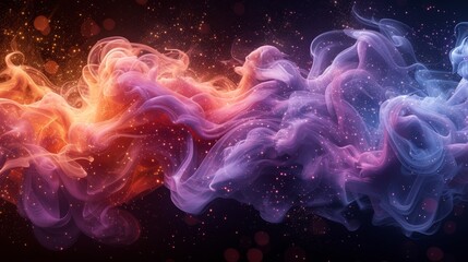 a group of colorful smokes floating in the air on a black background with a star filled sky in the background.