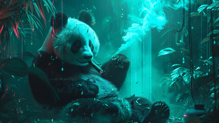 A panda surrounded by bioluminescent plants in a futuristic rainforest, cigar smoke glowing, and...