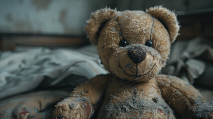 Old worn teddy bear on bed