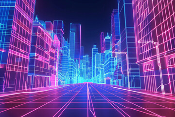Neon wireframe cityscape with glowing blue and pink outlines at night