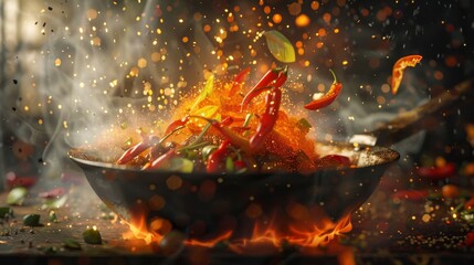 Wok overflowing with red peppers being stir-fried over fire
