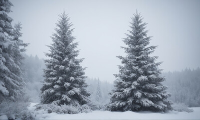 snow covered pine trees - obrazy, fototapety, plakaty