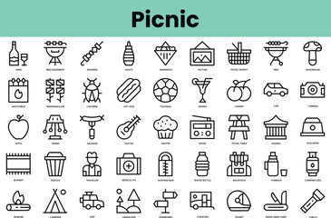 Set of picnic icons. Linear style icon bundle. Vector Illustration