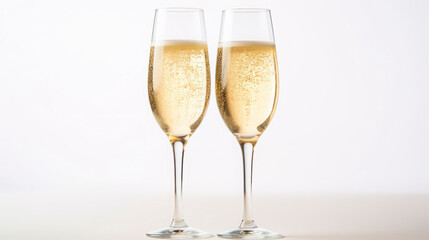 Two flutes of sparkling champagne against a white background, ideal for capturing the essence of celebration and elegance. glasses of champagne