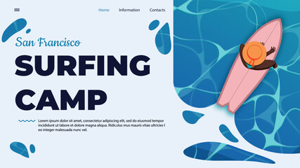 Landing page with surfing. Surf camp website design. Surf boards site.