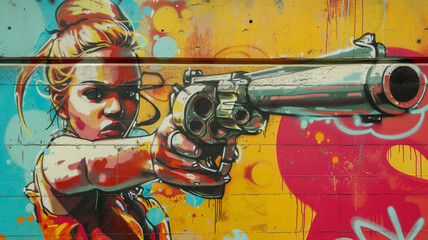 Urban graffiti-covered walls, a girl with a gun in a metallic silver outfit, the gun's barrel...