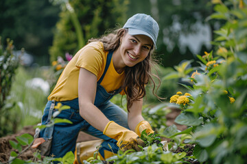 Smiling woman gardening wearing yellow top and gloves - Powered by Adobe