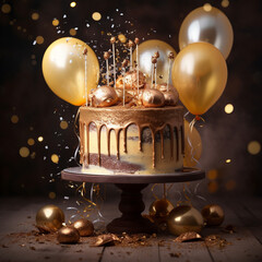 christmas card with bellons and cake with candles