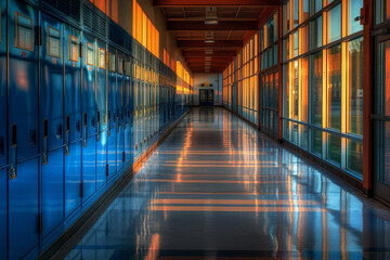 An empty school hallway with blue lockers lining the walls, reflecting the early morning light...