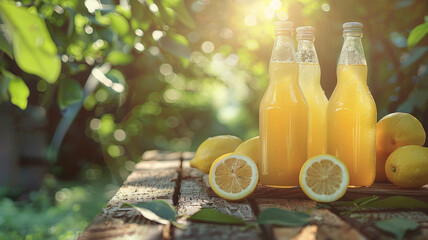 Two bottles of orange juice with lemons on a wooden table