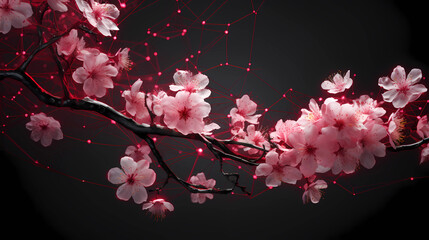Cherry Blossom Tree Branch Spring Sunny Summer Nature Plexus Neon Black Background Digital Desktop Wallpaper HD 4k Network Light Glowing Laser Motion Bright Abstract	