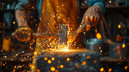Blacksmith hammering on anvil with sparks.
