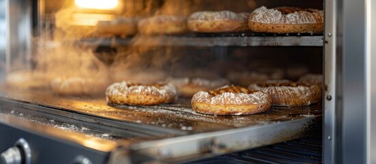 Many delicious donuts are being baked in the oven until they are golden brown and ready to be enjoyed