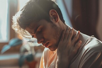 Young man pressing on chest with painful expression. Severe heartache, having heart attack or painful cramps, heart disease. - Powered by Adobe