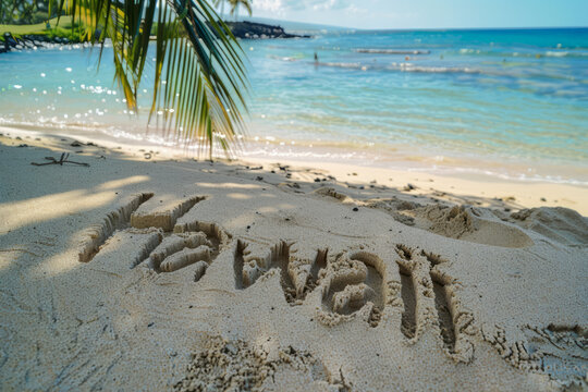 Hawaii written in the sand on a beach. Hawaiian tourism and vacation background