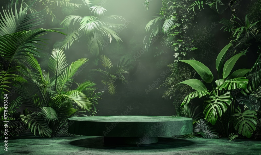 Wall mural dark green podium in tropical forest for product presentation and green background