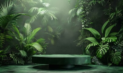 Dark green podium in tropical forest for product presentation and green background